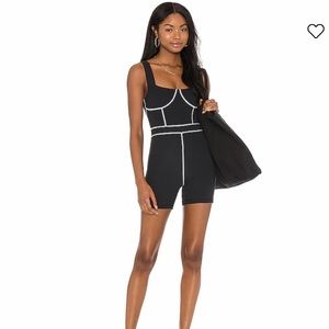 WEWOREWHAT CORSET BODYSUIT - SHORTS / TANK TOP / BLACK w/ WHITE STITCHING SZ XL